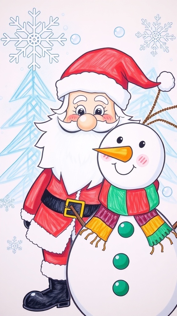 Christmas Drawing of Two Characters A cheerful Santa Claus and a snowman in a winter scene, perfect for Christmas.